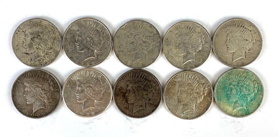 Group of 10 1922-1924 US $1 Peace Silver Dollars