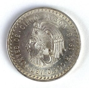 1948 Mexico 5 Pesos Aztec Chieftain Cuauhtemoc 30g Silver Coin
