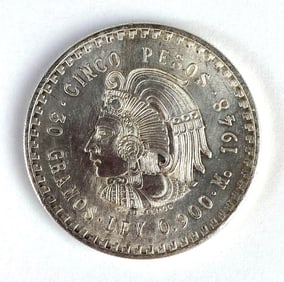 1948 Mexico 5 Pesos Aztec Chieftain Cuauhtemoc 30g Silver Coin