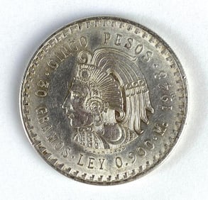 1948 Mexico 5 Pesos Aztec Chieftain Cuauhtemoc 30g Silver Coin