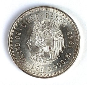 1948 Mexico 5 Pesos Aztec Chieftain Cuauhtemoc 30g Silver Coin