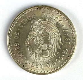 1947 Mexico 5 Pesos Aztec Chieftain Cuauhtemoc 30g Silver Coin