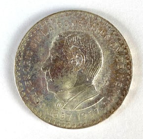 1957 Mexico 5 Pesos Constitution Anniversary 18g .720 Silver Coin