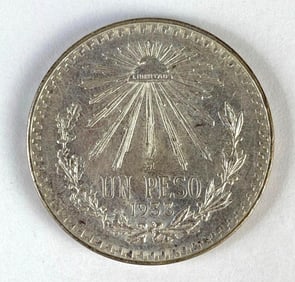 1933 Mexico 1 Peso Liberty Cap and Rays .720 Silver Coin