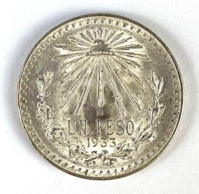 1933 Mexico 1 Peso Liberty Cap and Rays .720 Silver Coin
