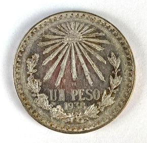 1938 Mexico 1 Peso Liberty Cap and Rays .720 Silver Coin