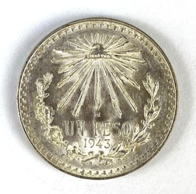 1943 Mexico 1 Peso Liberty Cap and Rays .720 Silver Coin