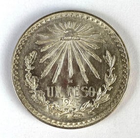 1943 Mexico 1 Peso Liberty Cap and Rays .720 Silver Coin