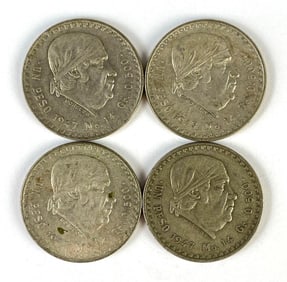 Group of 4 1947 Mexico 1 Peso Morelos/Cacheton .500 Silver Coins