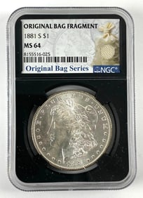 Original Bag Fragment NGC Graded 1881 S US $1 Morgan Silver Dollar MS64