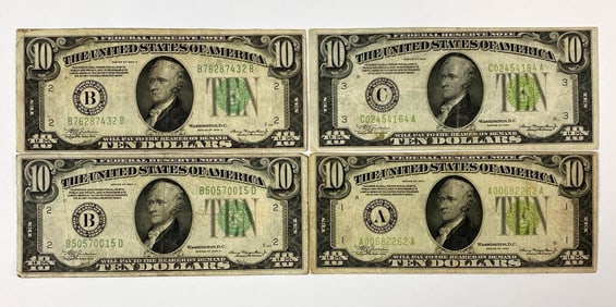 Group of 4 1934 Green Seal Federal Reserve $10 Notes