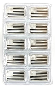 Group of 10 Silvertowne American Flag 1 oz .999 Fine Silver Ingot/ Bars