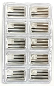 Group of 10 Silvertowne American Flag 1 oz .999 Fine Silver Ingot/ Bars