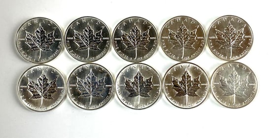 Group of 10 1989 Canada $5 Maple 1 oz .999 Fine Silver Coins