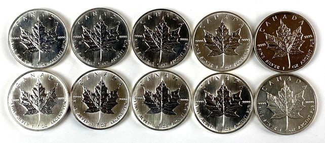 Group of 10 1989 Canada $5 Maple 1 oz .999 Fine Silver Coins