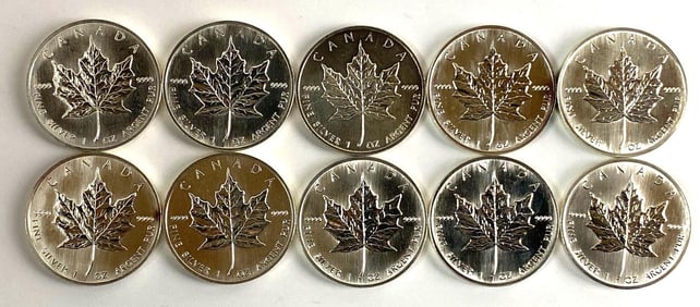 Group of 10 1989 Canada $5 Maple 1 oz .999 Fine Silver Coins