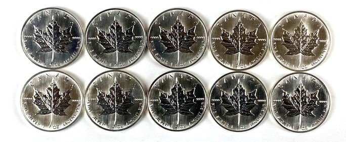 Group of 10 1989 Canada $5 Maple 1 oz .999 Fine Silver Coins