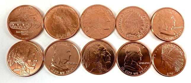 Group of 10 Assorted 1 oz .999 Fine Copper Rounds