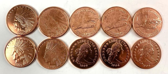 Group of 10 Assorted 1 oz .999 Fine Copper Rounds