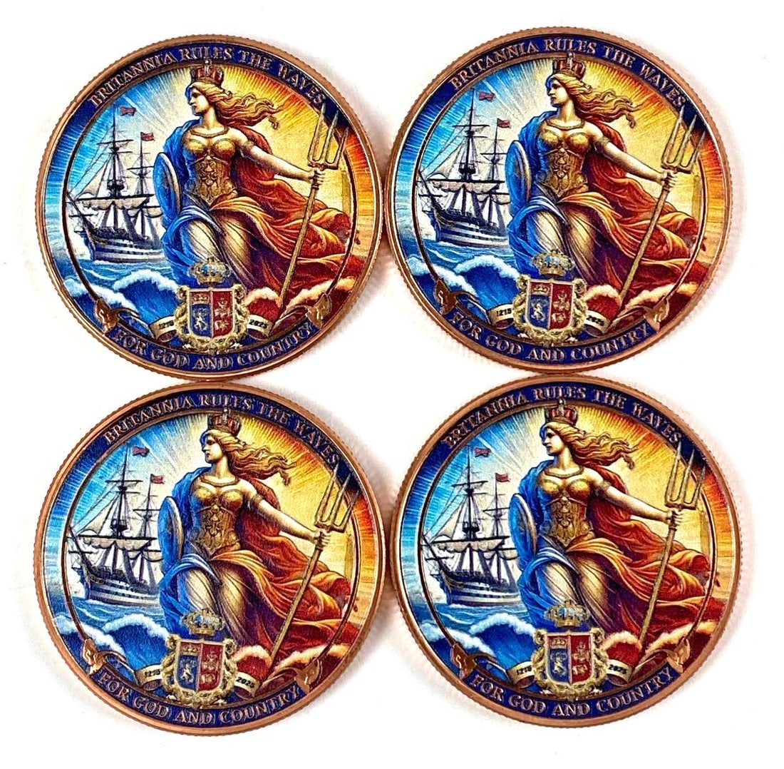 Group of 4 Colorized Britannia Rules the Waves 1 oz .999 Fine Copper Rounds: Group of 4 Colorized Britannia Rules the Waves 1 oz .999 Fine Copper Rounds