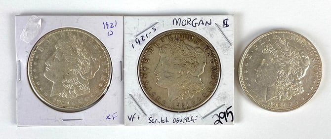 Group of 3 1921 US $1 Morgan Silver Dollars