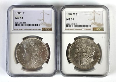 Group of 2 NGC Graded 1880s US $1 Morgan Silver Dollars