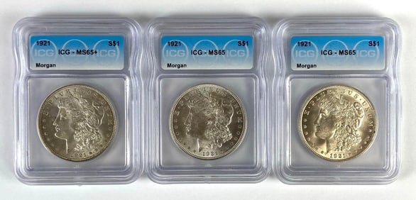 Group of 3 ICG Graded 1921 US $1 Morgan Silver Dollars