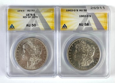 Group of 2 ANACS Graded US $1 Morgan Silver Dollars