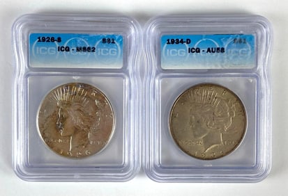 Group of 2 ICG Graded US $1 Peace Silver Dollars