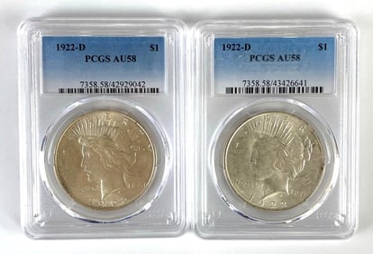 Group of PCGS Graded 1922-D US $1 Peace Silver Dollars AU58