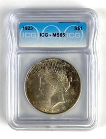 ICG Graded 1923 US $1 Peace Silver Dollar MS65