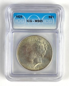 ICG Graded 1925 US $1 Peace Silver Dollar MS65