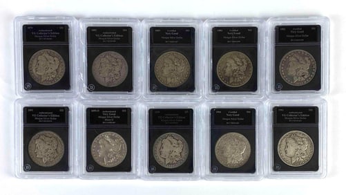 Group of 10 Slabbed US $1 Morgan Silver Dollars