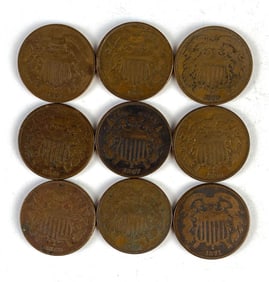 Group of 9 US Two-Cent Pieces