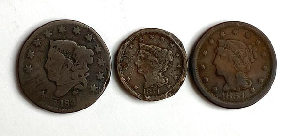 Group of 3 US Braided Hair Large Cent and Half-Cent Pieces