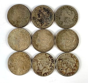 Group of 9 US $1 Morgan and Peace Silver Dollars