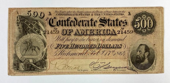 1864 Confederate States of America Richmond $500 Banknote