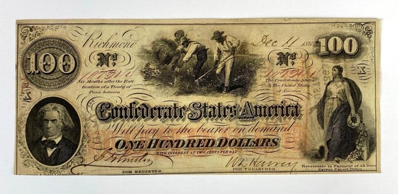 1862 Confederate States of America Richmond $100 Banknote
