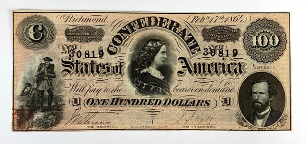 1864 Confederate States of America Richmond $100 Banknote