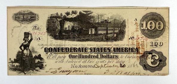 1862 Confederate States of America Richmond $100 Banknote