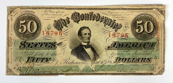 1863 Confederate States of America Richmond $50 Banknote