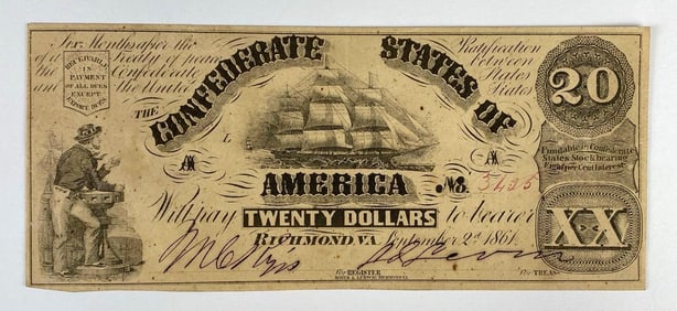 1861 Confederate States of America Richmond $20 Banknote