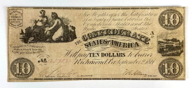 1861 Confederate States of America Richmond $10 Banknote