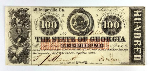 1863 The State of Georgia $100 Confederate Banknote