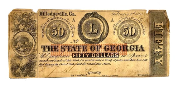 1863 The State of Georgia $50 Confederate Banknote