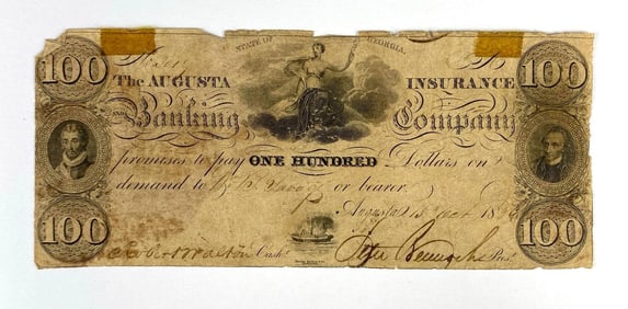 1836 The State of Georgia Augusta Banking Insurance Company $100 Banknote