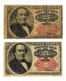 Group of 2 US $0.25 Fractional Currency Bills