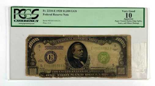 PCGS Graded FR2210-E 1928 $1000 LGS Federal Reserve Note 10 Very Good