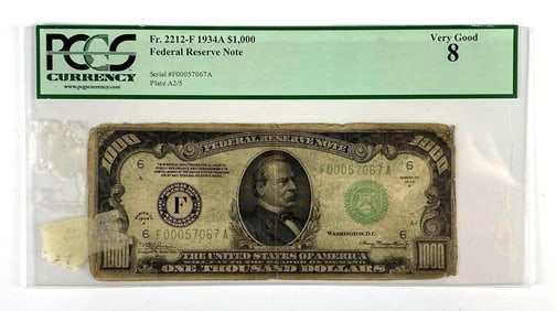 PCGS Graded FR2212-F 1934 A $1000 Federal Reserve Note 8 Very Good