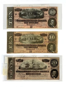 Group of 3 US $10-20 Confederate States of America Richmond Banknotes